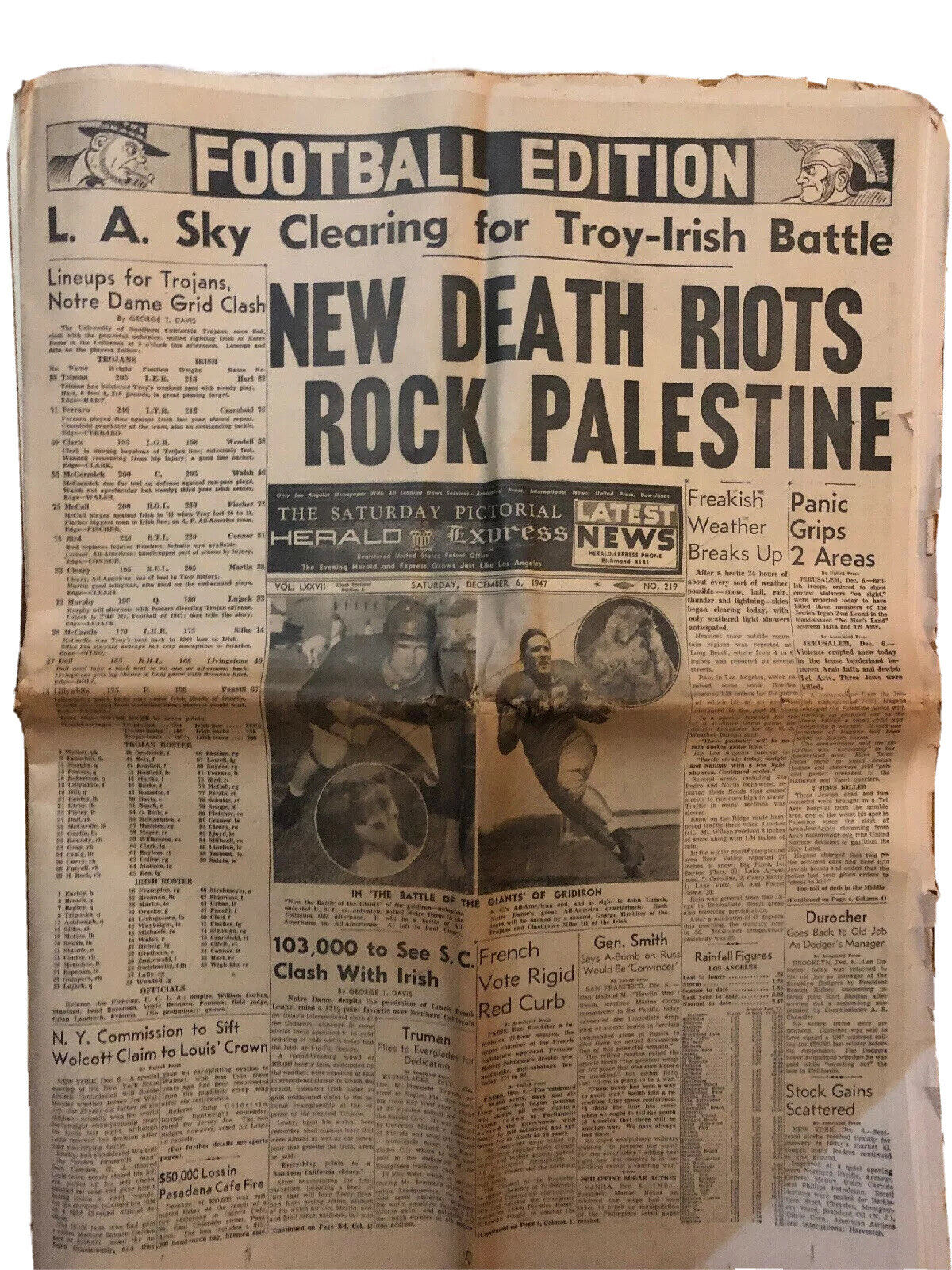 USC Trojans vs Notre Dame Vtg December 1947 La Herald Express Newspaper Football