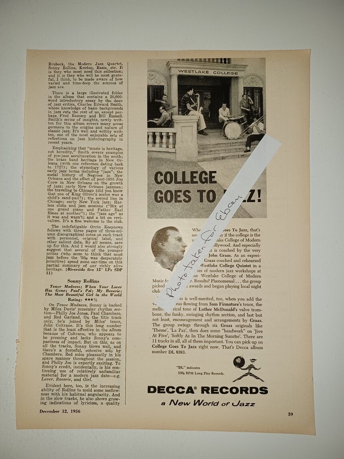 Decca Records College Goes to Jazz 1956 8x11 Magazine Ad