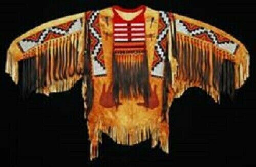 Old Style Beaded Hand Colored Buckskin Suede Hide Powwow Regalia Shirt NS56