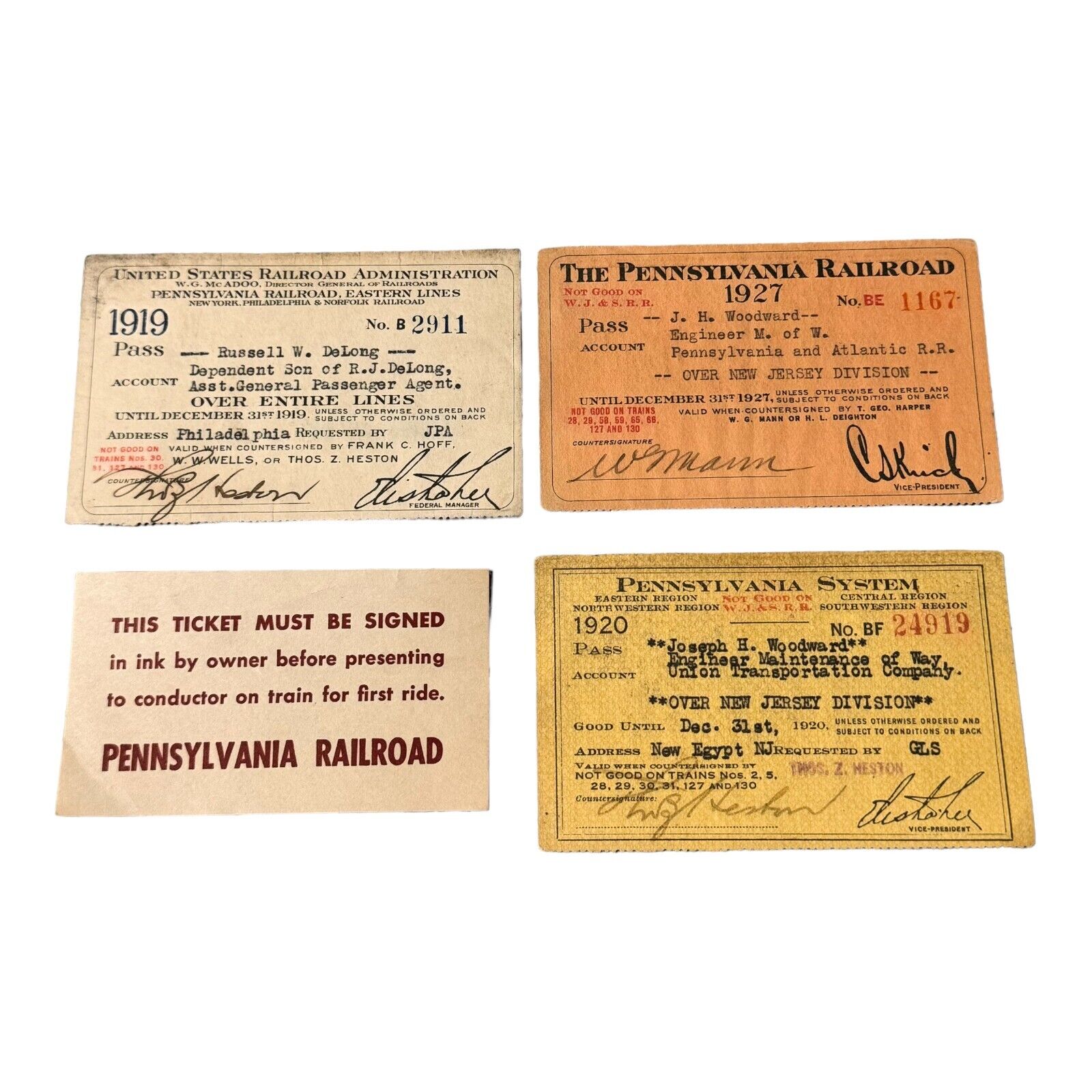 Pennsylvania Railroad Eastern Line Ticket Pass 1919 1920 1927 Vintage Lot of 4 