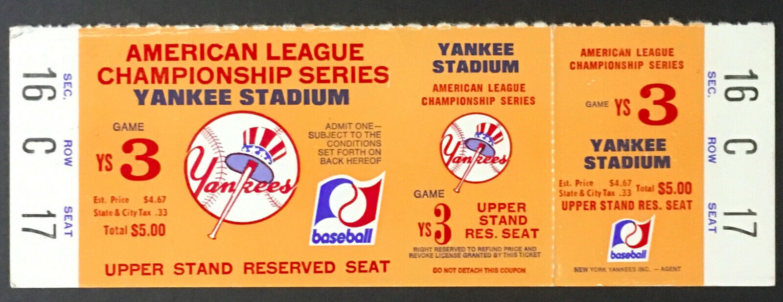 1976 Yankee Stadium American League Championship Series Ticket Game 3 MLB 