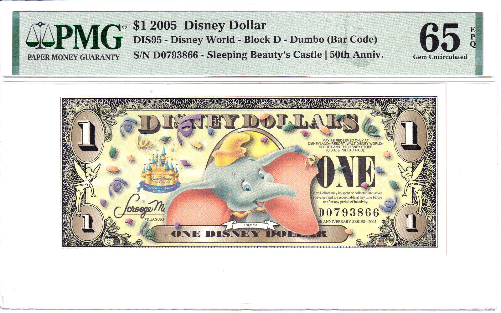 2005 $1 Disney Dollar DIS95 Sleeping Beauty's Castle Dumbo PMG 65EPQ #D0793866