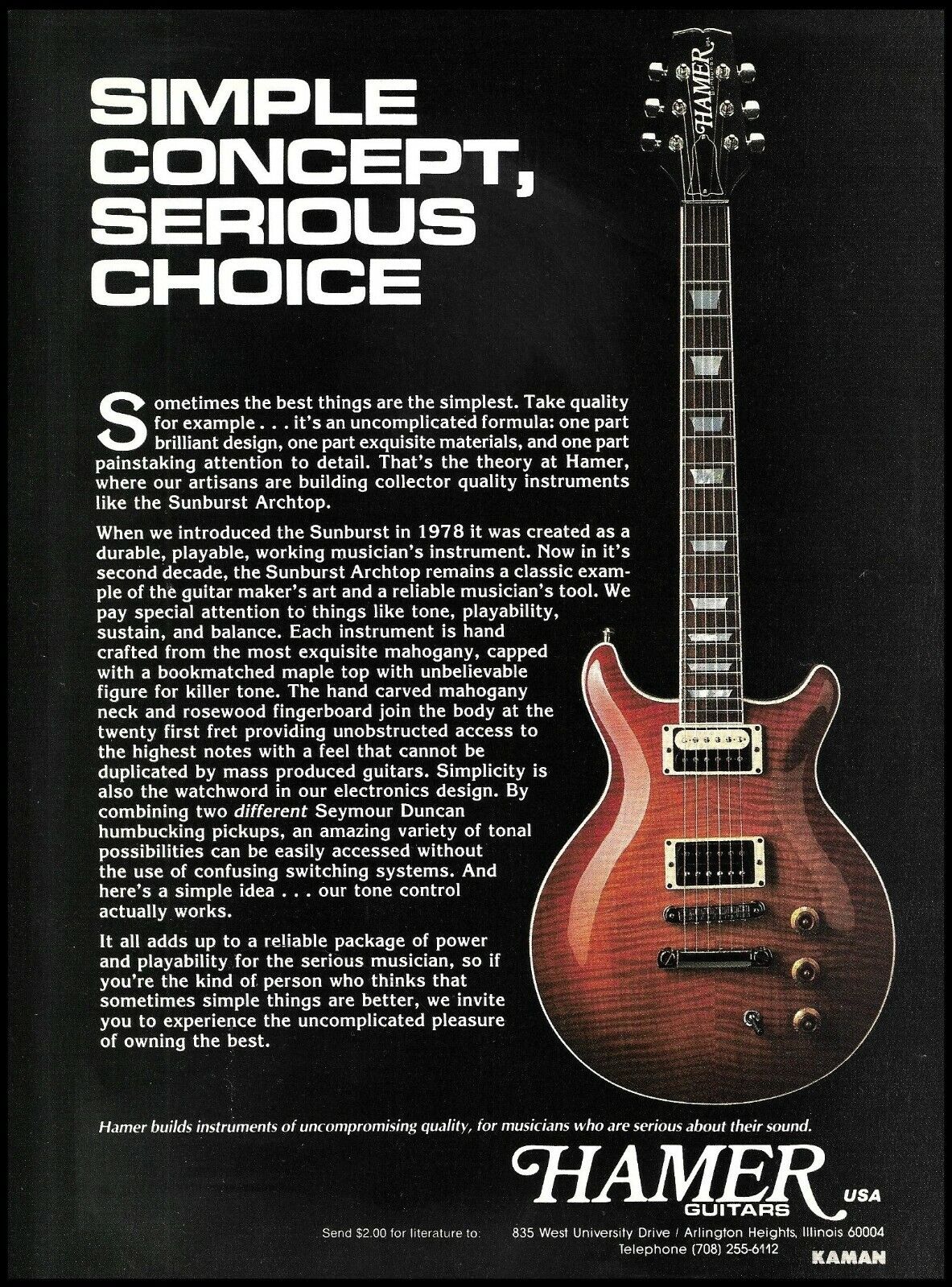 Hamer Sunburst Archtop guitar 1991 advertisement 8 x 11 original ad print