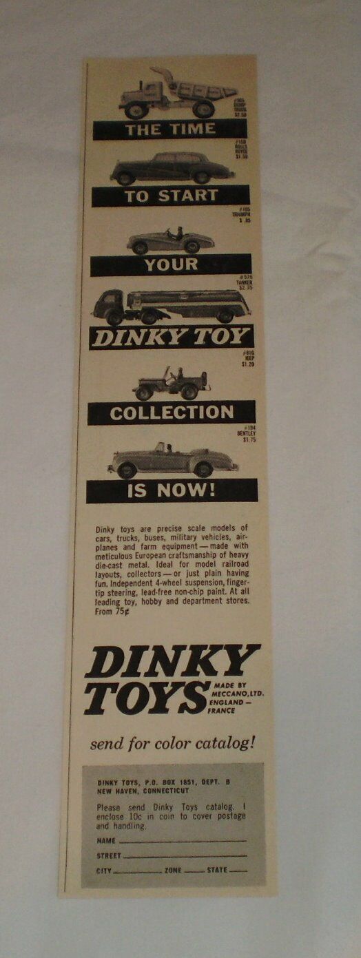 1961 DINKY toy cars ad ~ Dump Truck,Rolls Royce,Triumph,Tanker,Jeep,Bentley