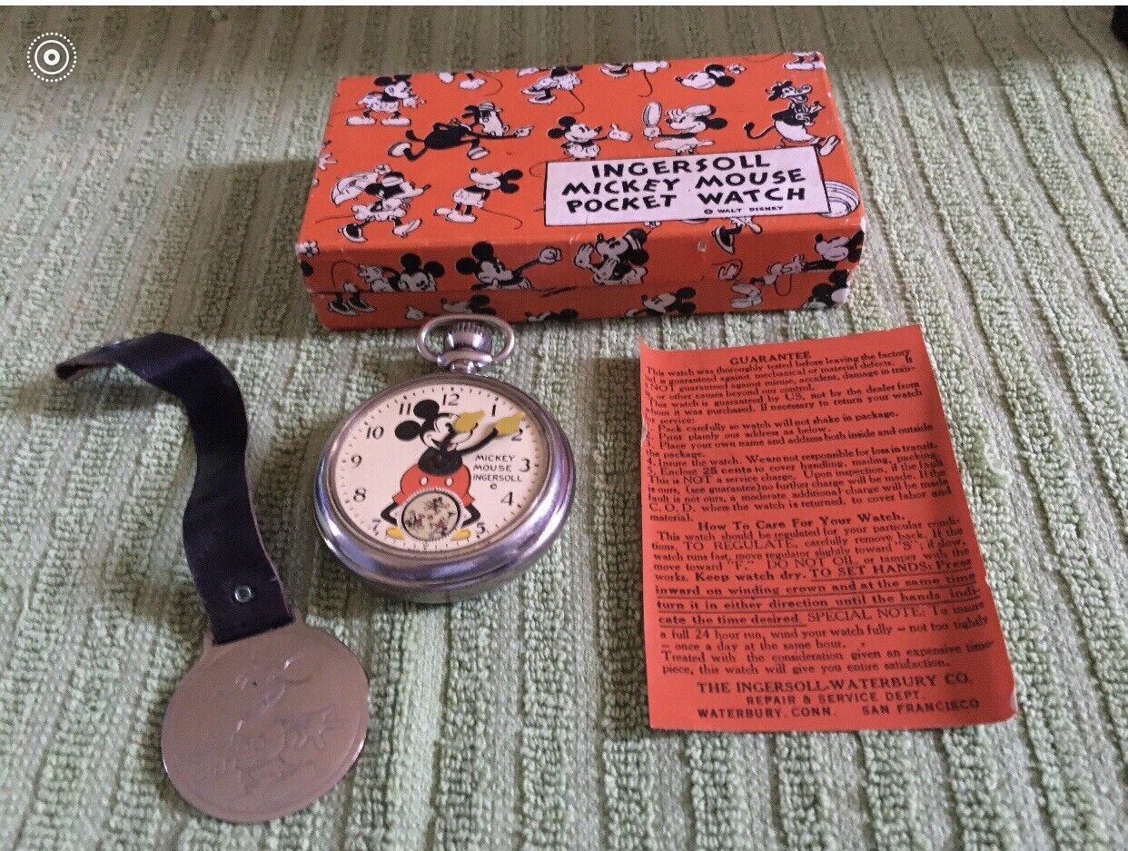 1933- WALT DISNEY MICKEY MOUSE- INGERSOLL POCKET WATCH & FOB-BOXED- ANTIQUE TOY