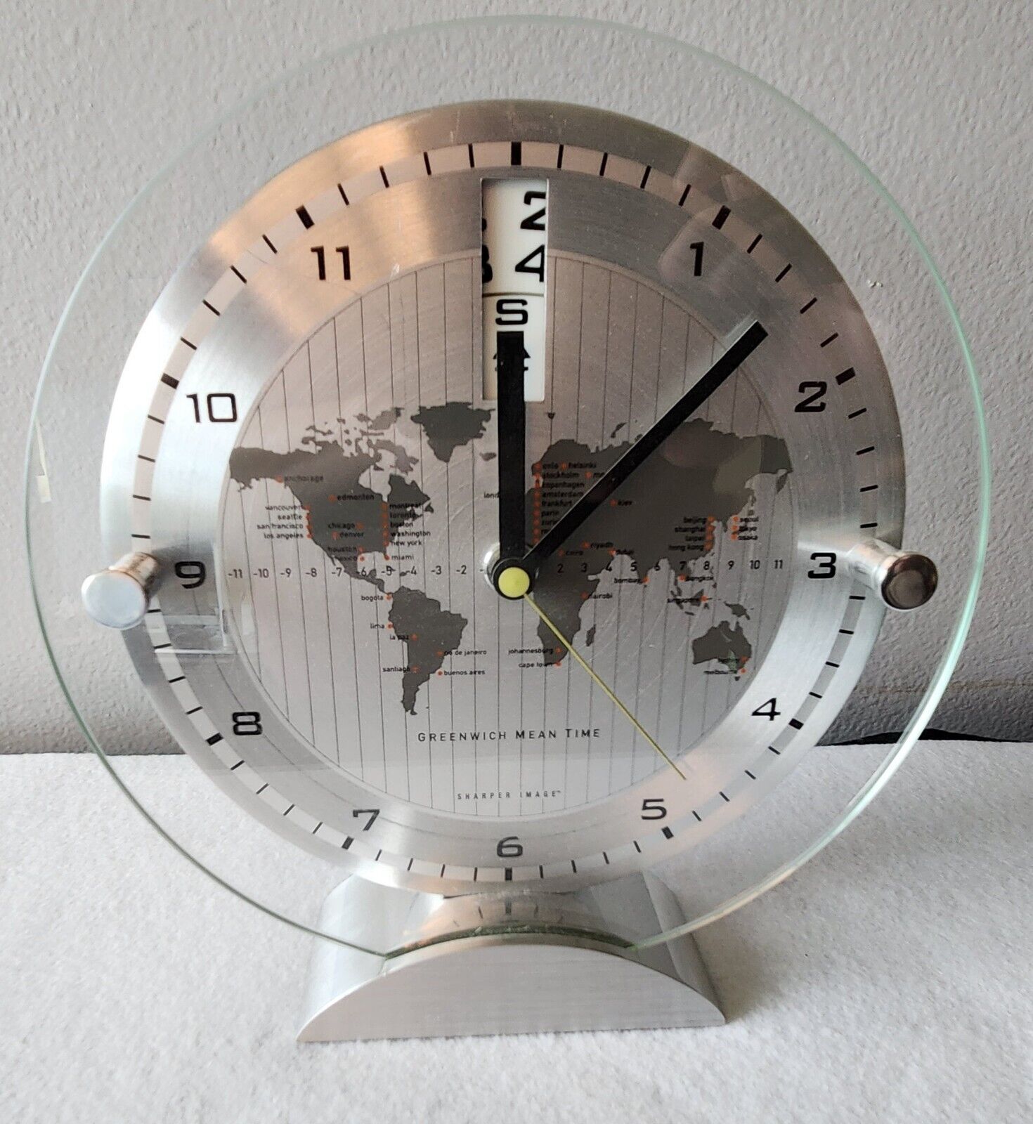 Sharper Image World Time Glass Clock Day, Date, Time Display Beautiful