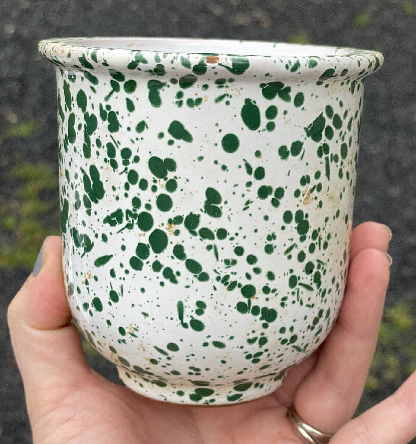 Vintage 20th C. Green White Spatterware Spongeware Crock Redware Pottery Planter