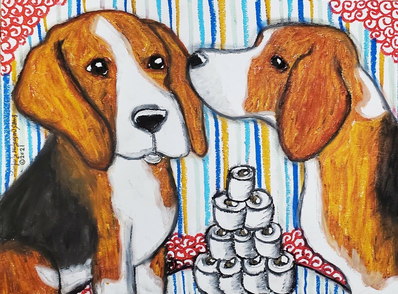 Beagle Hoarding TP Giclee Art Print 13 x 19 Signed by Artist KSams Dogs Vintage