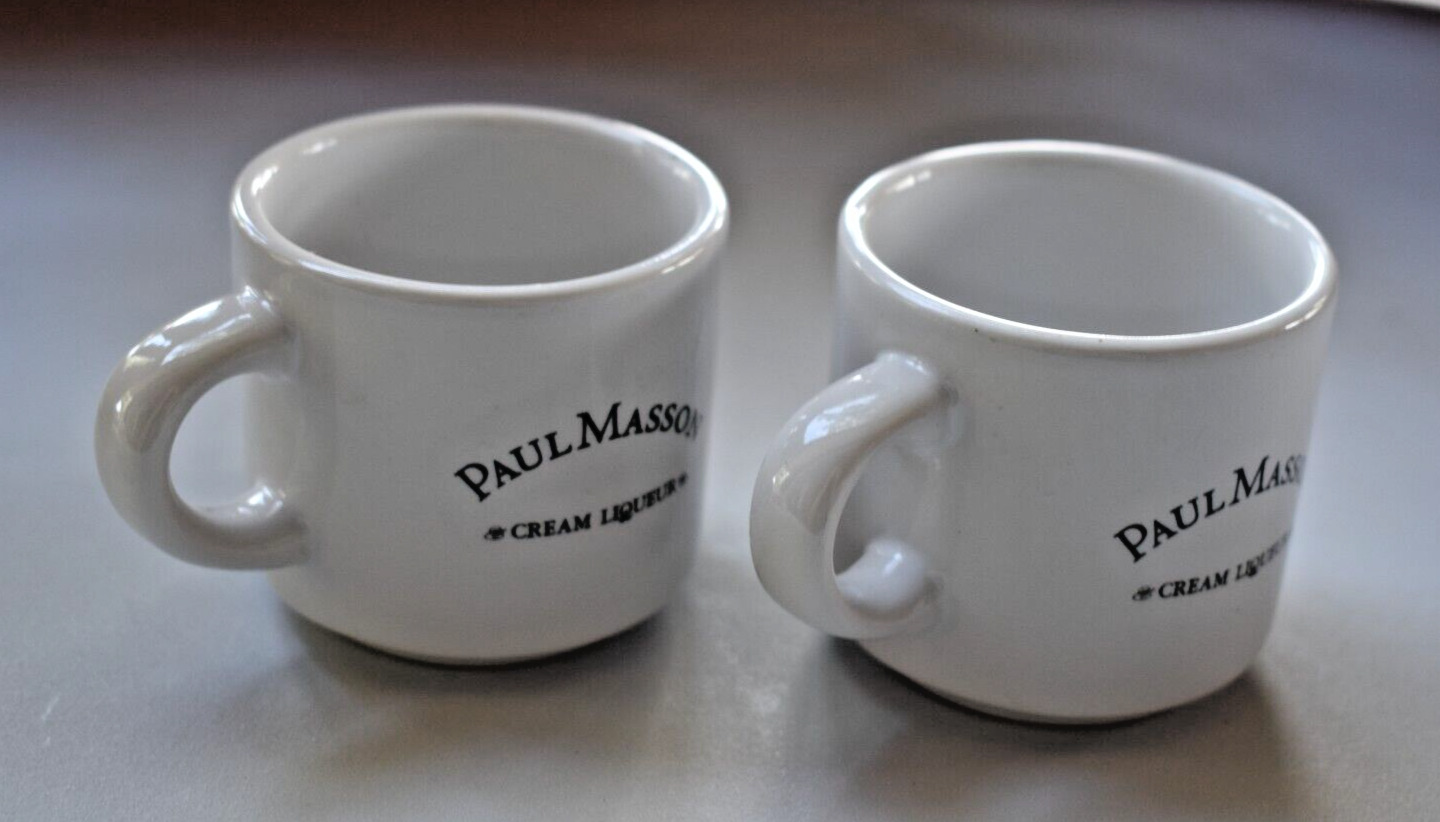 2 ~ PAUL MASSON Cream Liqueur Mini Mug Cup Shot Glasses Logo Espresso Ceramic