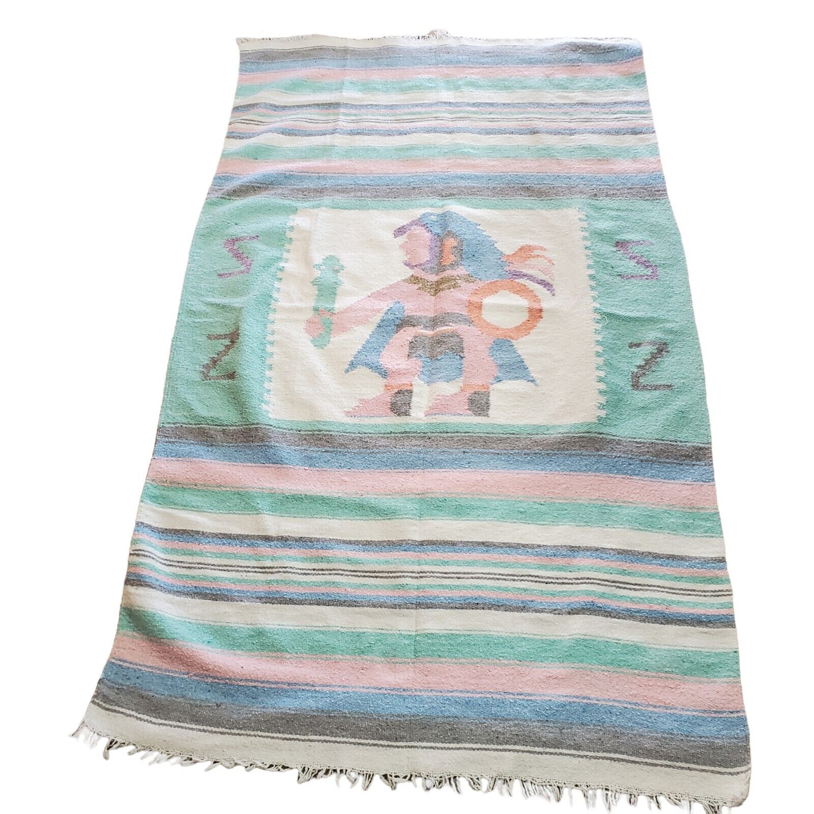 Vintage Pastel Striped Aztec Warrior Saddle Blanket Woven Fringe Pink Blue