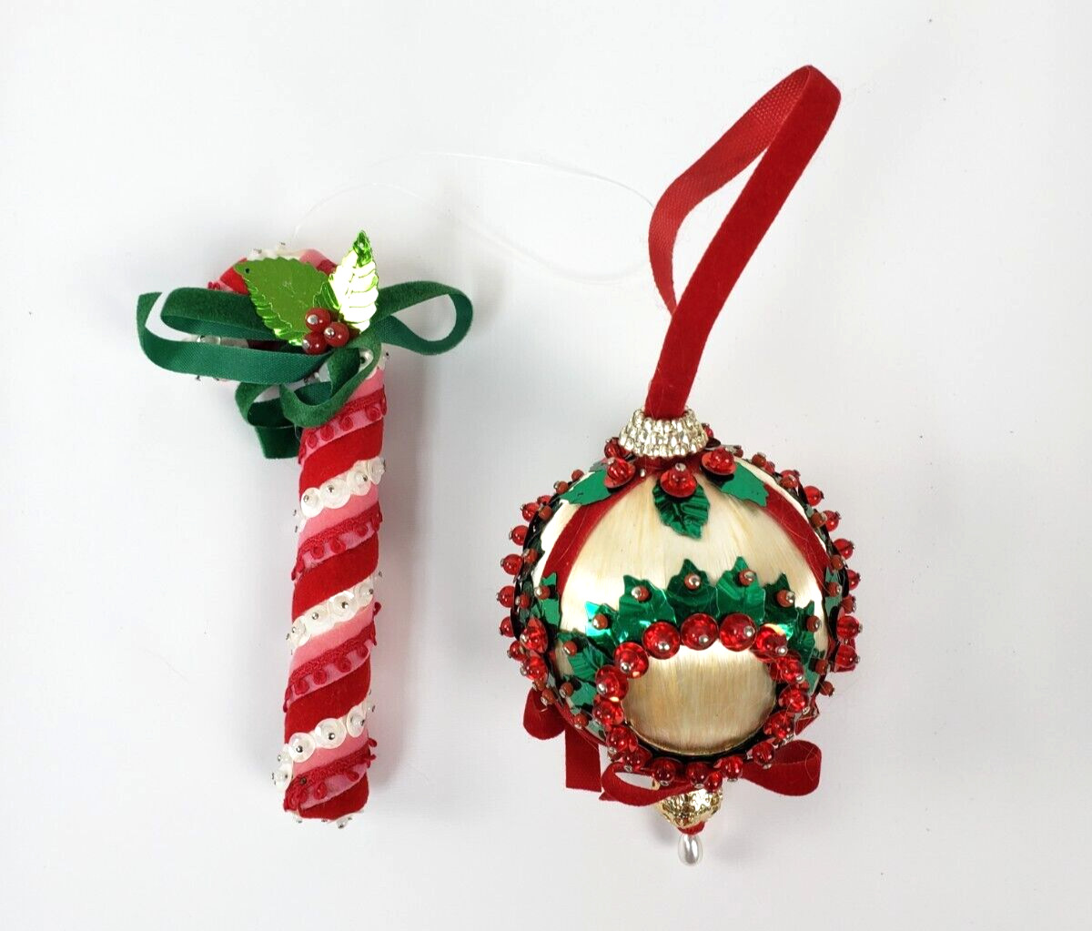 2 Beaded Sequins Felt Ribbon Christmas Ornaments Candy Cane and Ball vintage