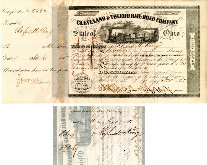 Cleveland and Toledo Rail-Road Co. signed by Rufus H. King - Stock Certificate -