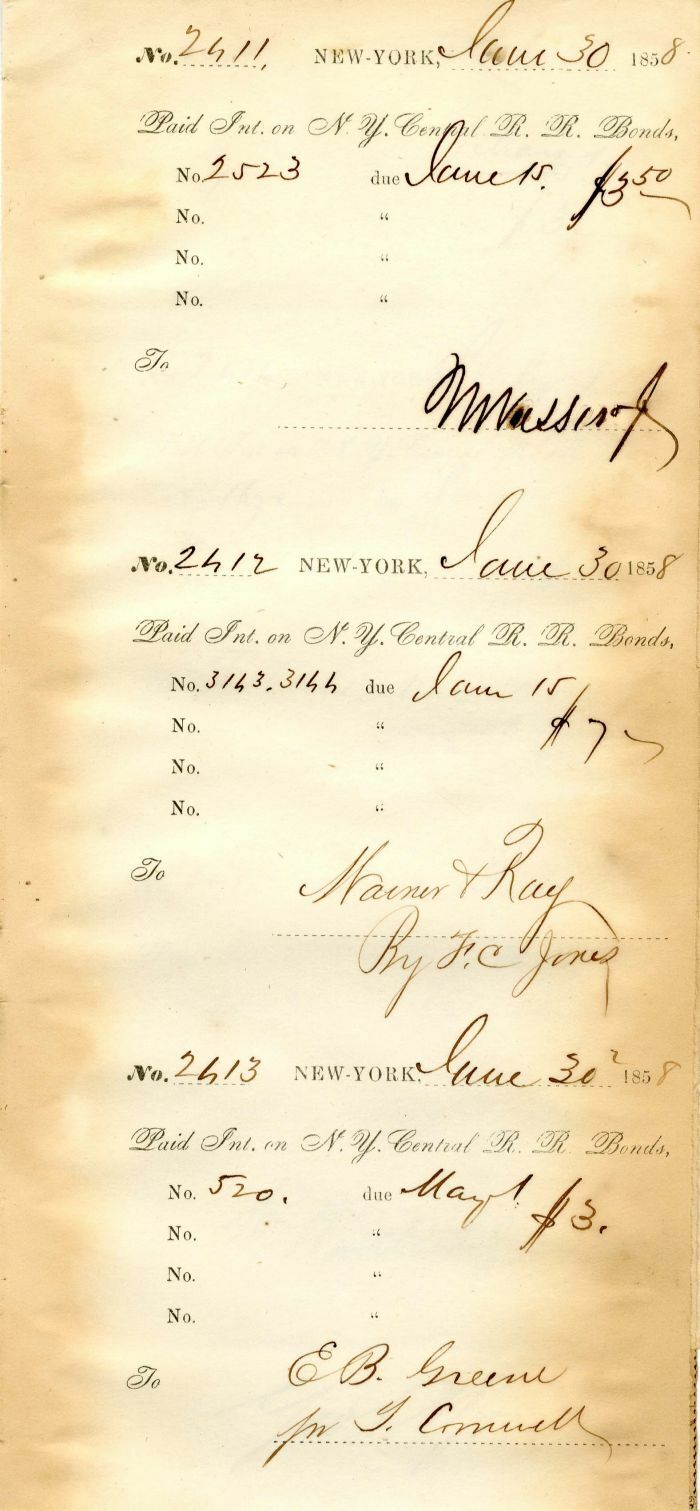 N.Y. Central R.R. Bond stub signed by Matthew Vassar Jr. - Autographs of Famous 