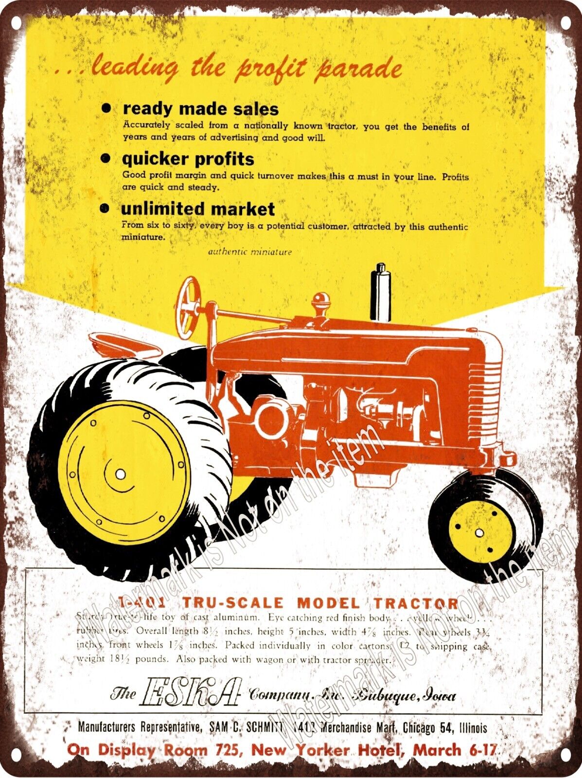 1950 ESKA Tru Scale Toy Model Tractor Farm Metal Sign 9x12\