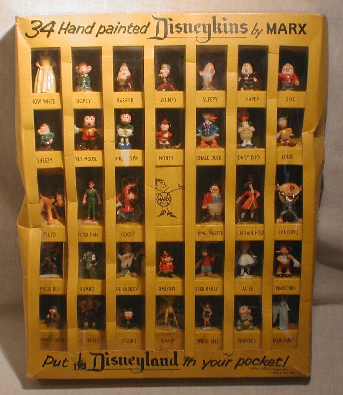 1960s DISNEYKINS by Marx Complete 34 Piece Hand Painted Yellow Box Rare NOS