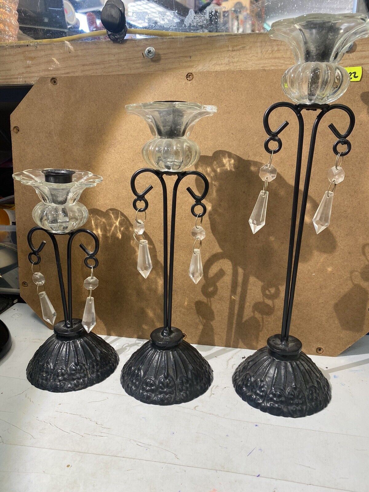 Antique 19thC Victorian Cast Iron Hurricane Candleholder Lamps