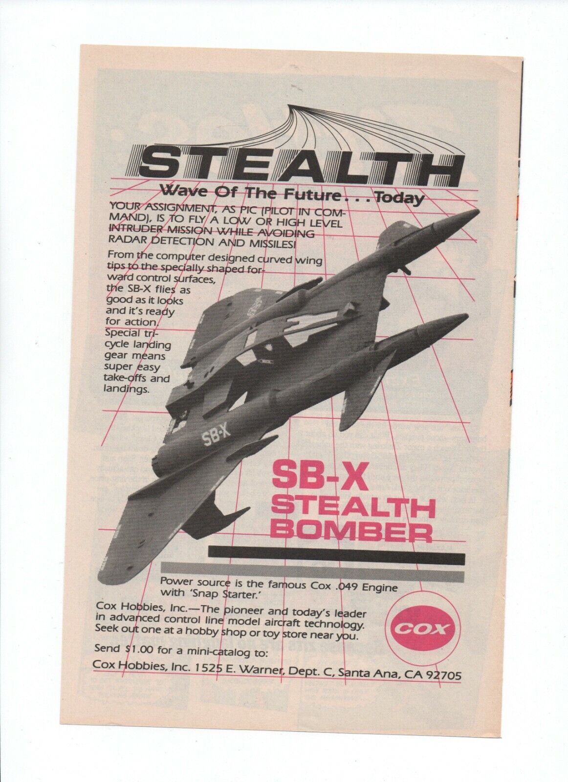 SB-X Stealth Bomber Airplane Cox Hobby - 1987 Vintage Print Ad