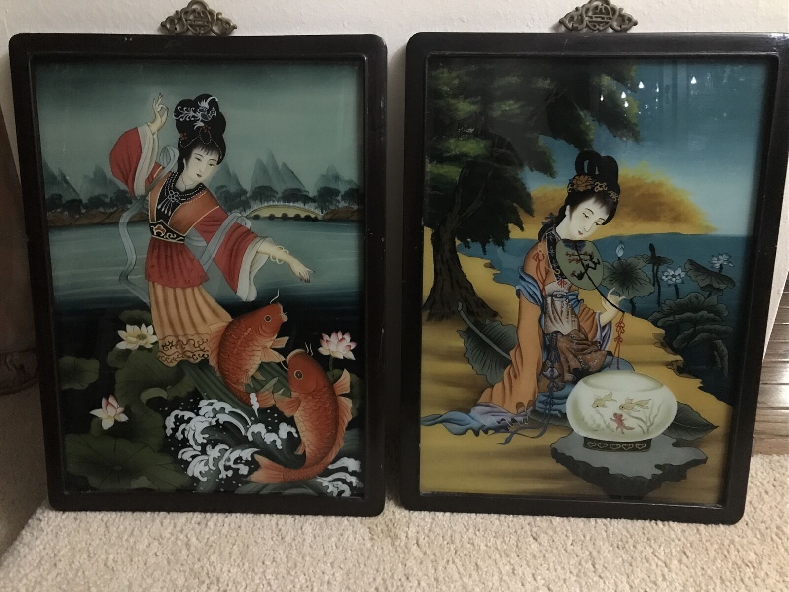 Two Vintage Hand Painted Glass Wood Framed Chinese Geisha Girls