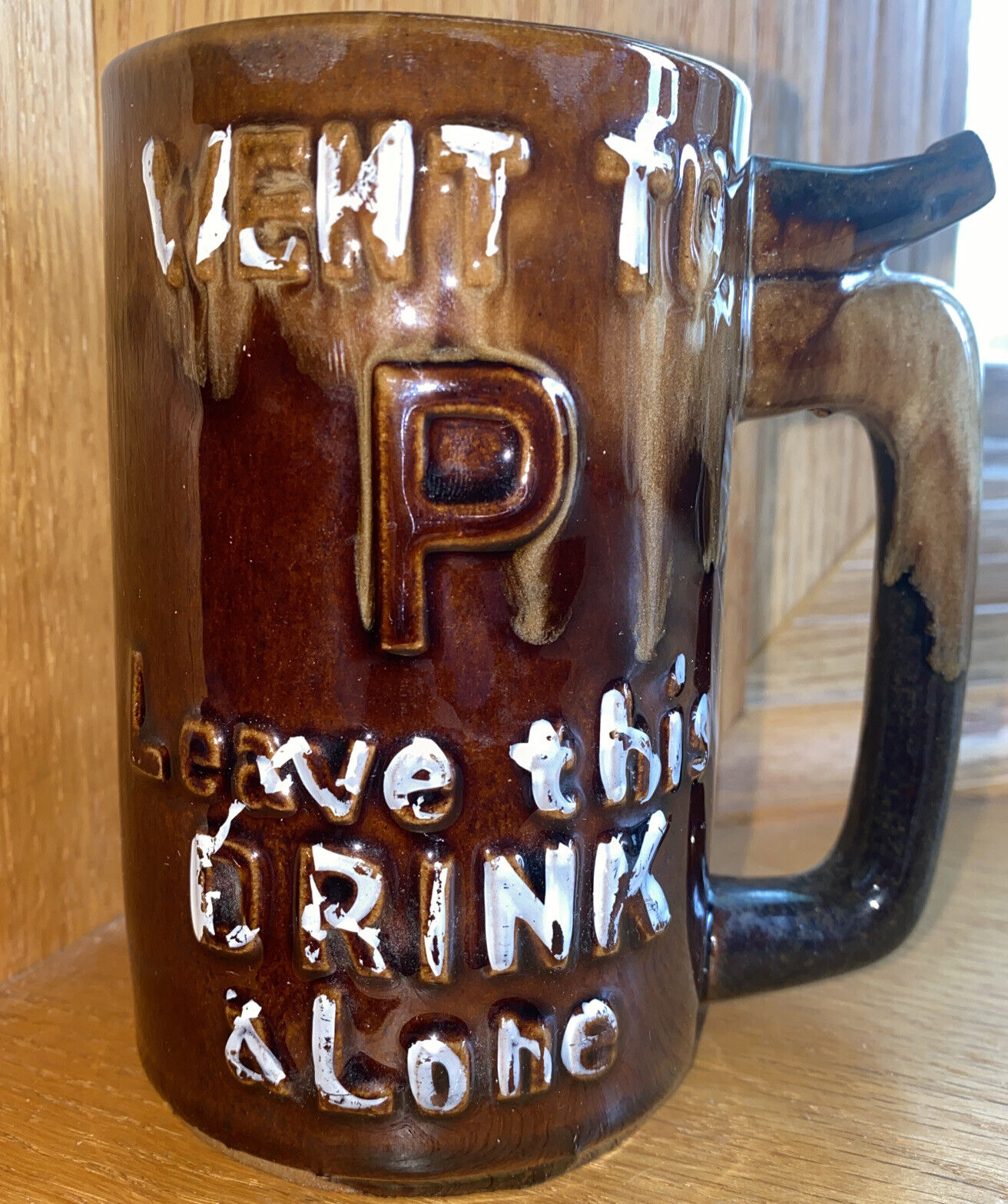 Vintage Brown Drip Glaze Ceramic Novelty Beer Mug - Went To P Wet Your Whistle  