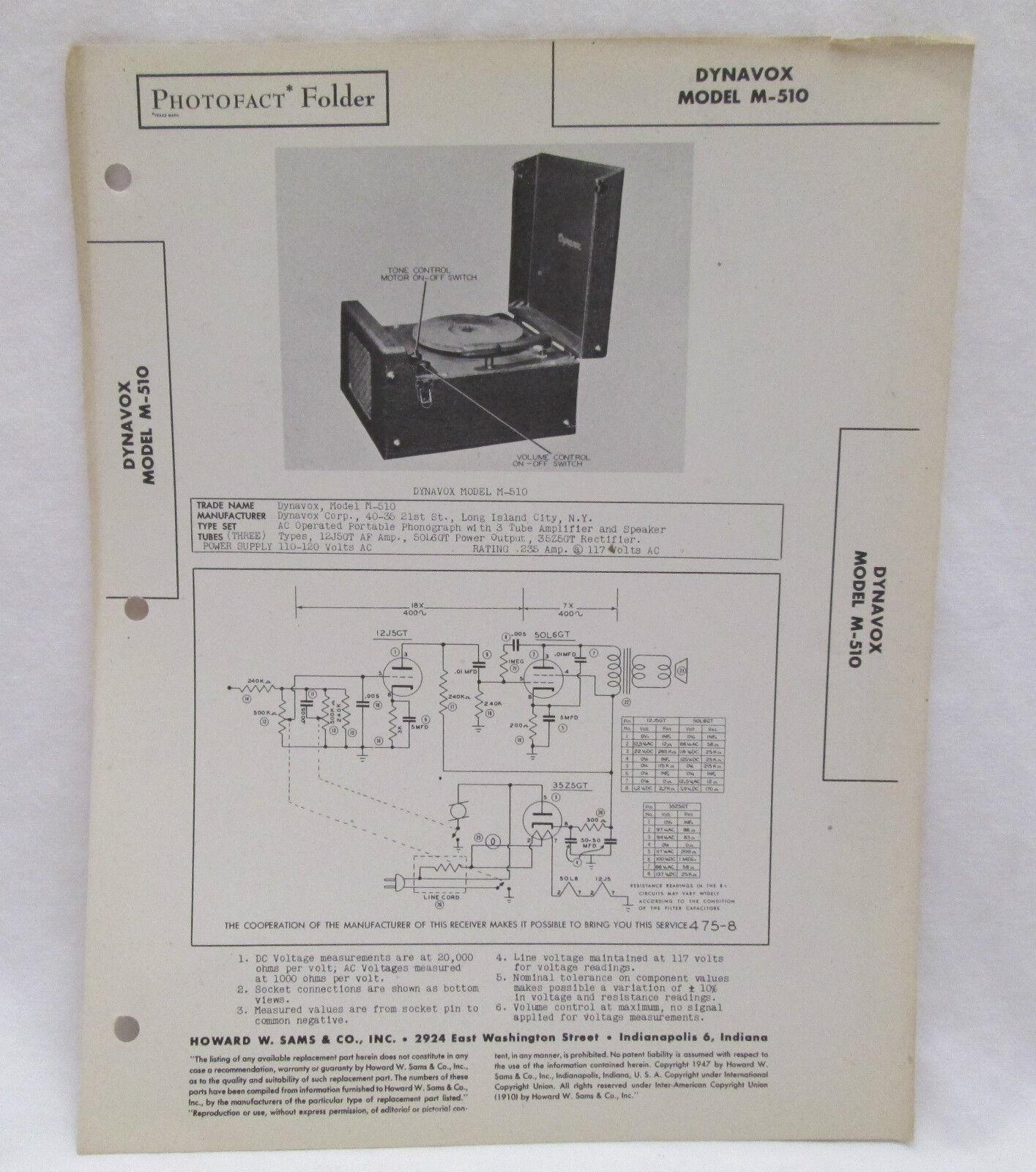 Vintage Howard W Sams Photofact Folder Dynavox Model M-510 Radio Parts Manual