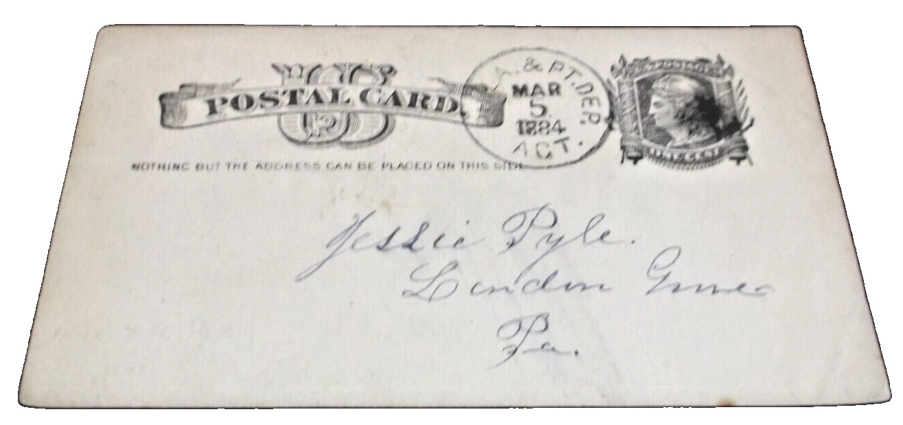 MARCH 1884 PRR PENNSYLVANIA RAILROAD PHILADELPHIA & PORT DEPOSIT RPO POST CARD