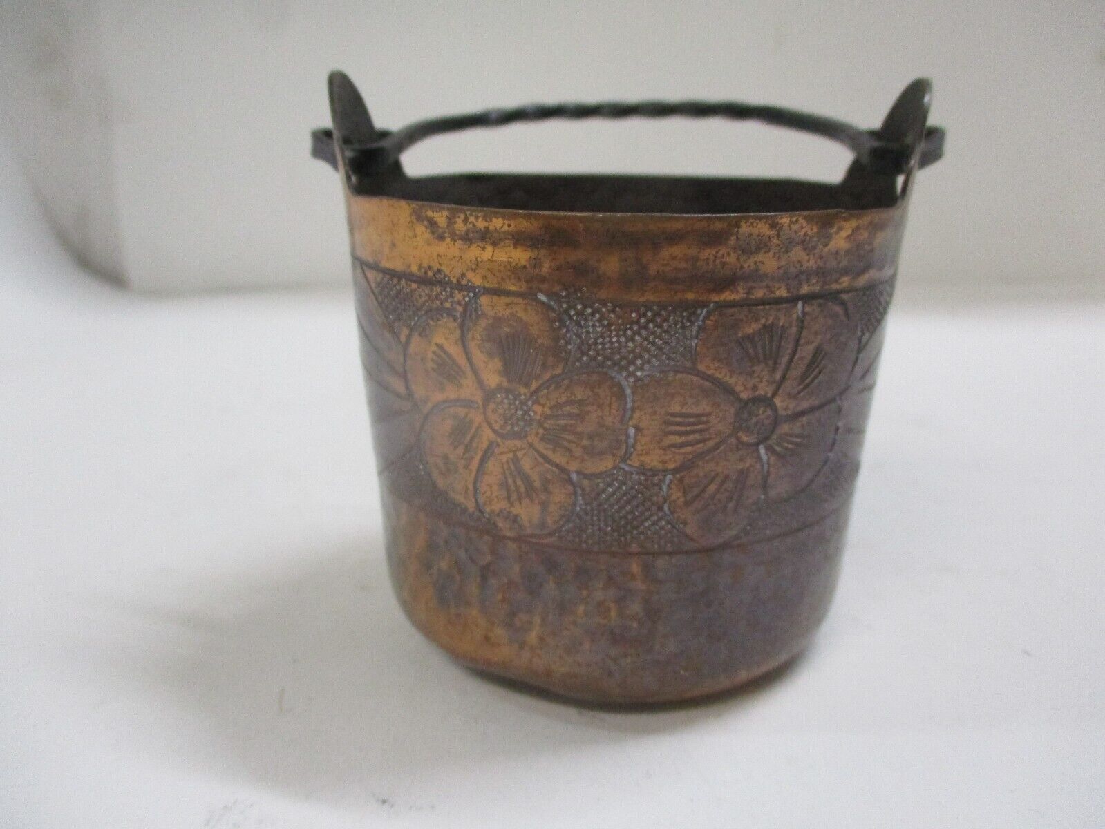 Small Hammered Copper Pail with Etched Flower Design