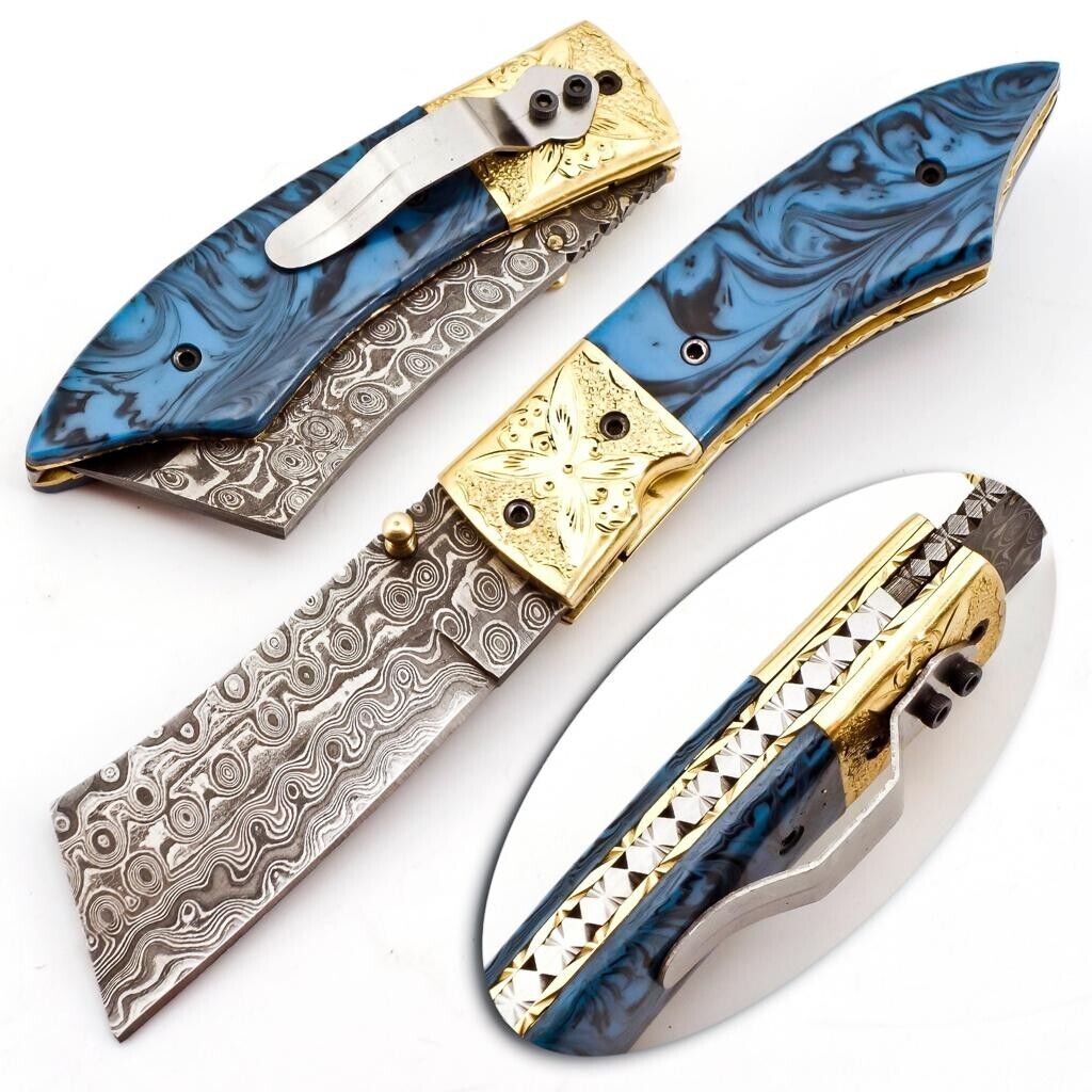 Custom HAND FORGED Damascus Steel Hunting Folding Resin Handled Pocket Knife5975