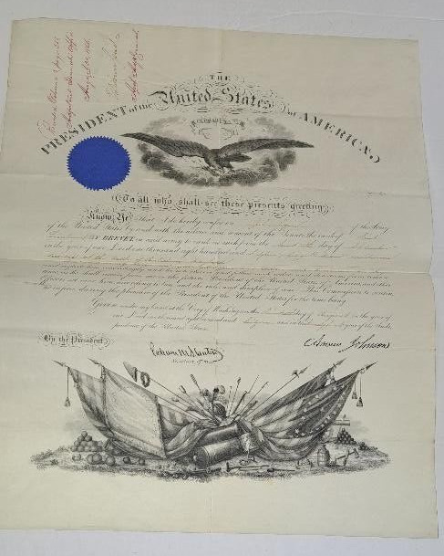 President Andrew Johnson Signed Military appointment for Civil War Hero