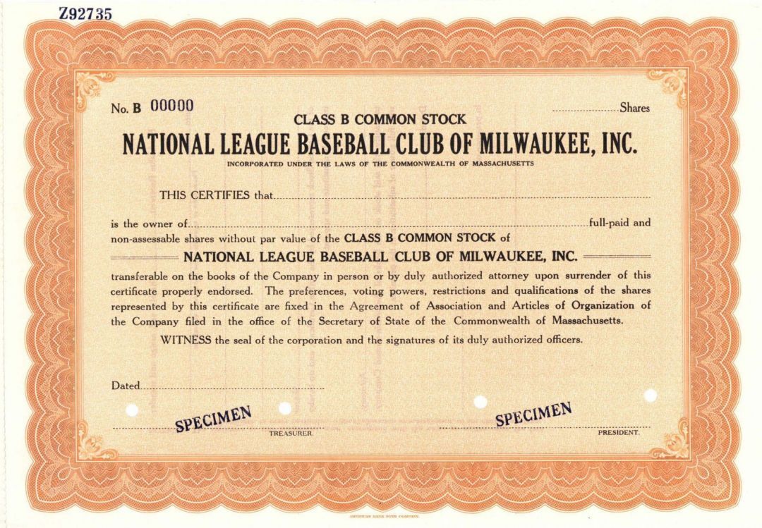 National League Baseball Club of Milwaukee, Inc. - Specimen Stock Certificate - 