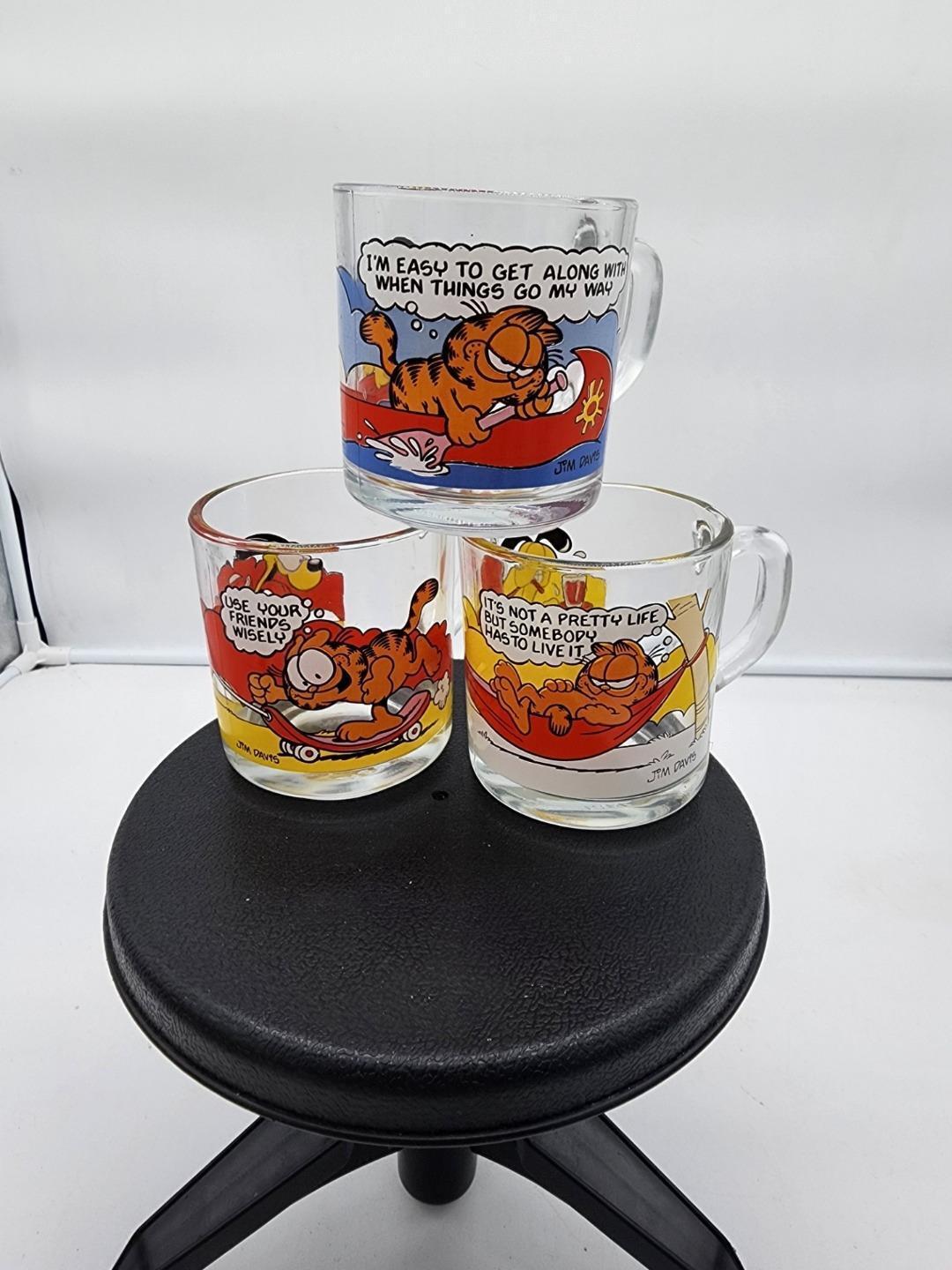 Set of 3 Vintage 1978 Garfield McDonalds Clear Glass Coffee Mugs Cups Jim Davis