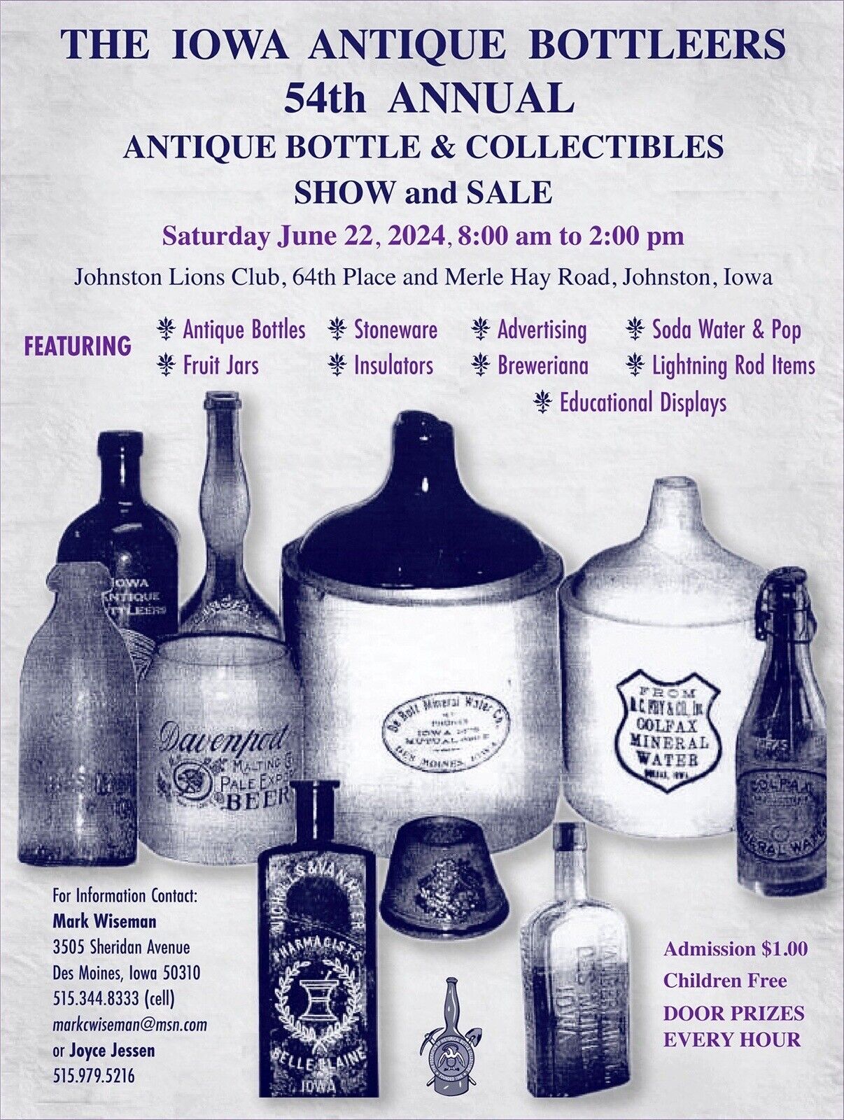 JOHNSTON Iowa Antique Bottle Show & Sale on Jun 22, 2024. Orig Poster Vtg IA USA