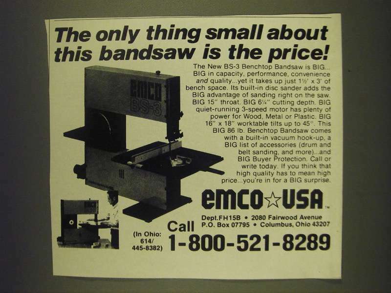 1985 Emco BS-3 Benchtop Bandsaw Ad - The only thing small about this