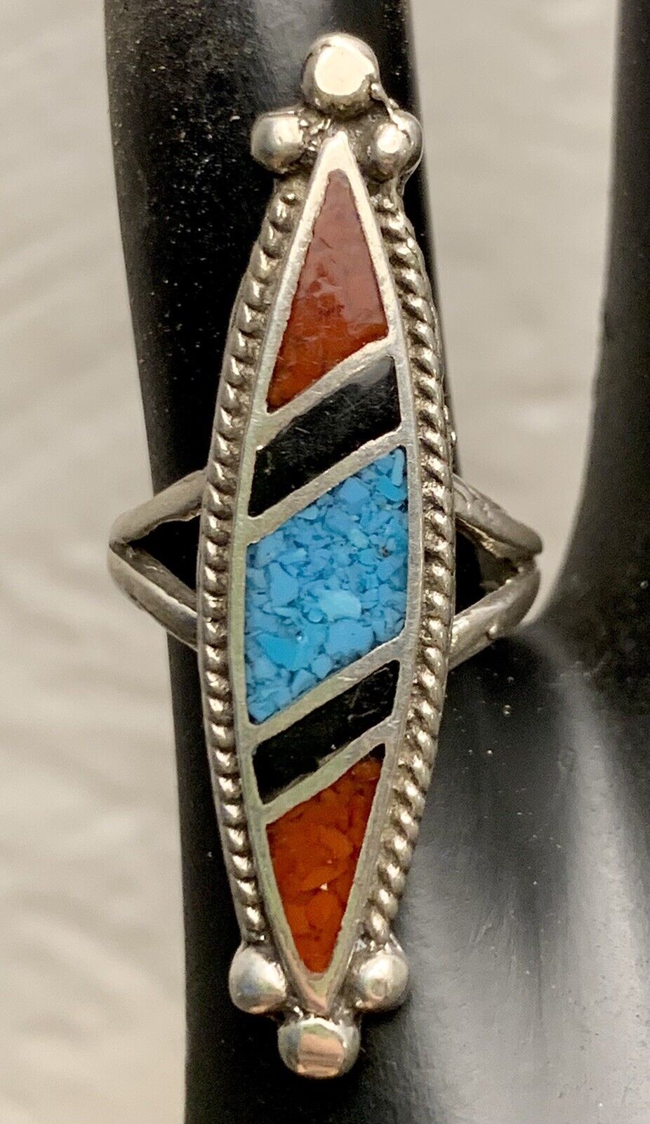 Vintage 60\'s Native American Sterling Silver Turquoise Coral Onyx Ring Sz 4