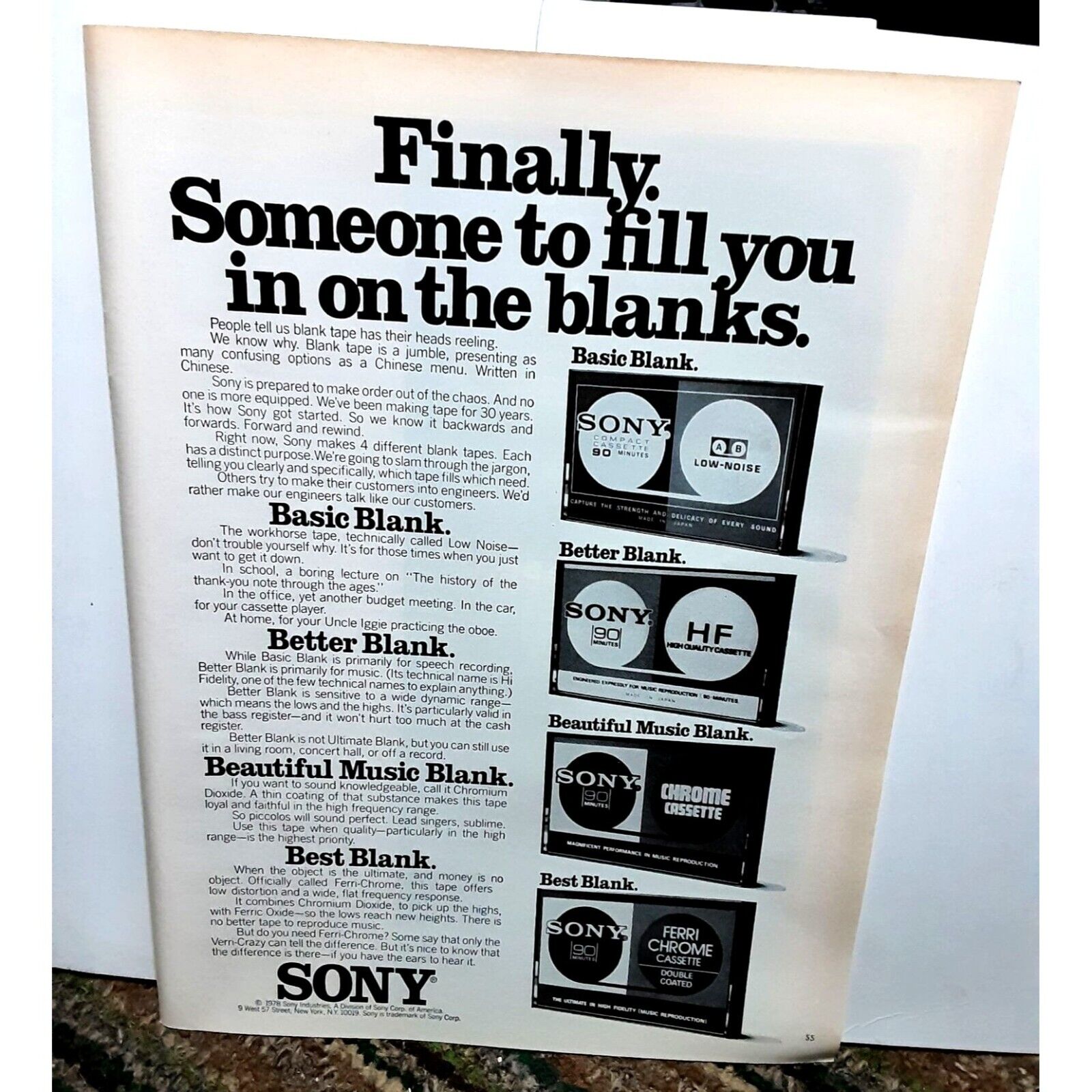 1978 Sony Cassettes Ad Vintage Print Ad 70s Original