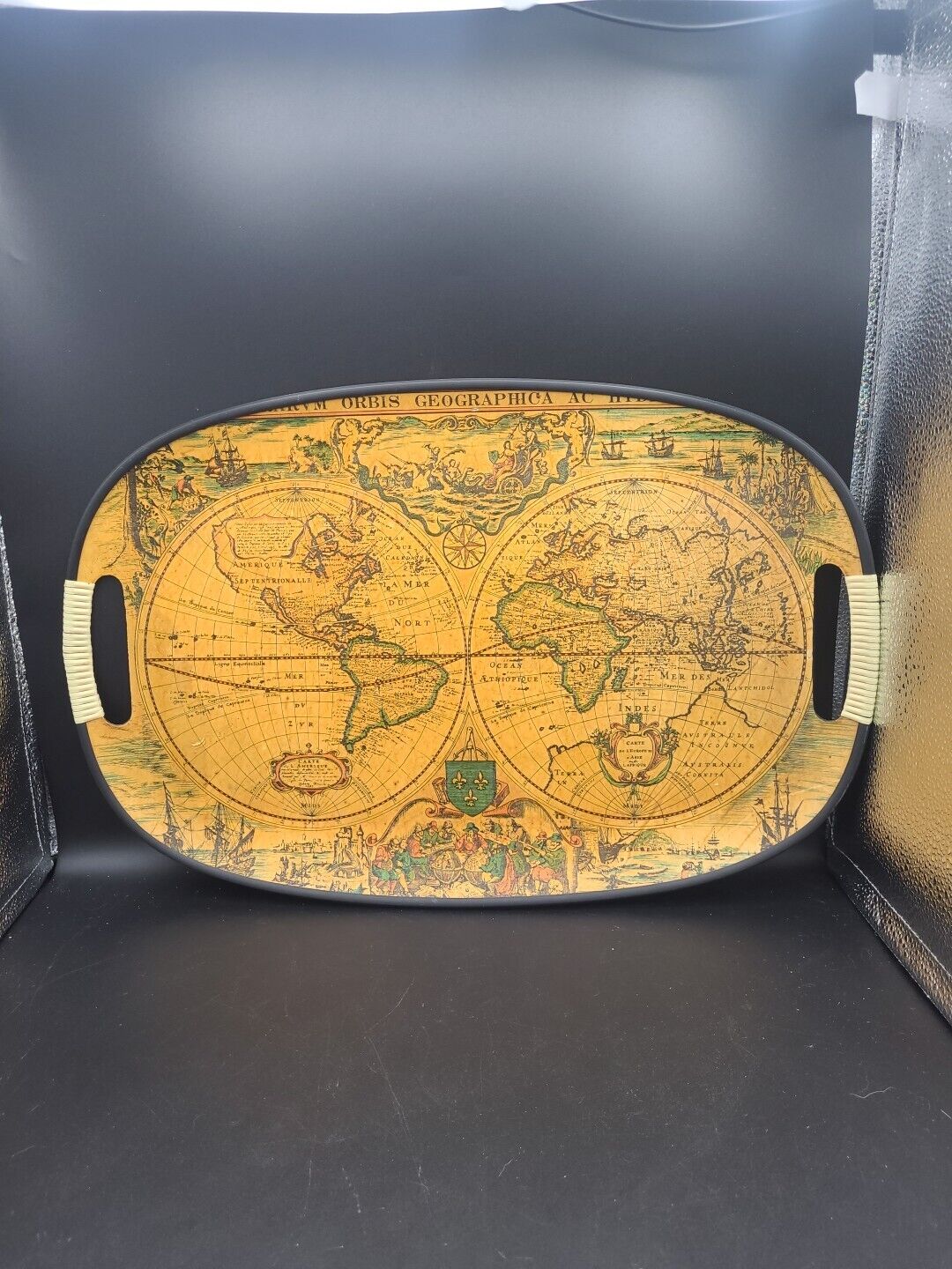 Vintage Mid Century M B Daniels & Co. Antique World Map Tray Handles