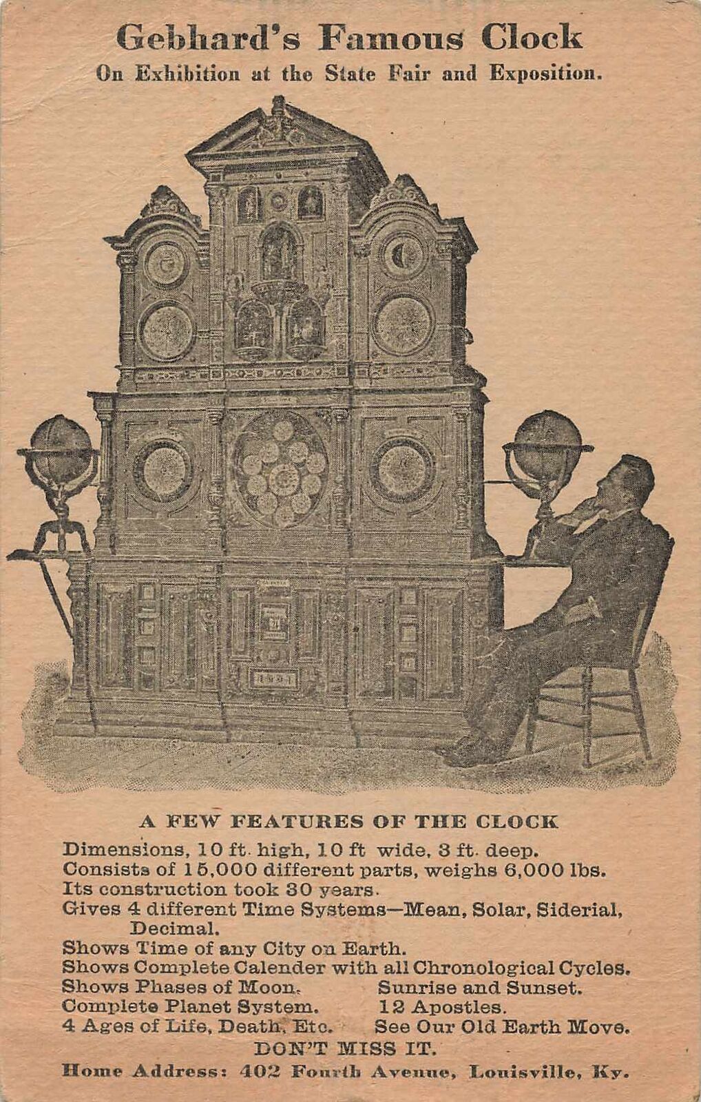 1902 Postcard GEBHARD\'S FAMOUS CLOCK Advertising Louisville KY Exposition Fair