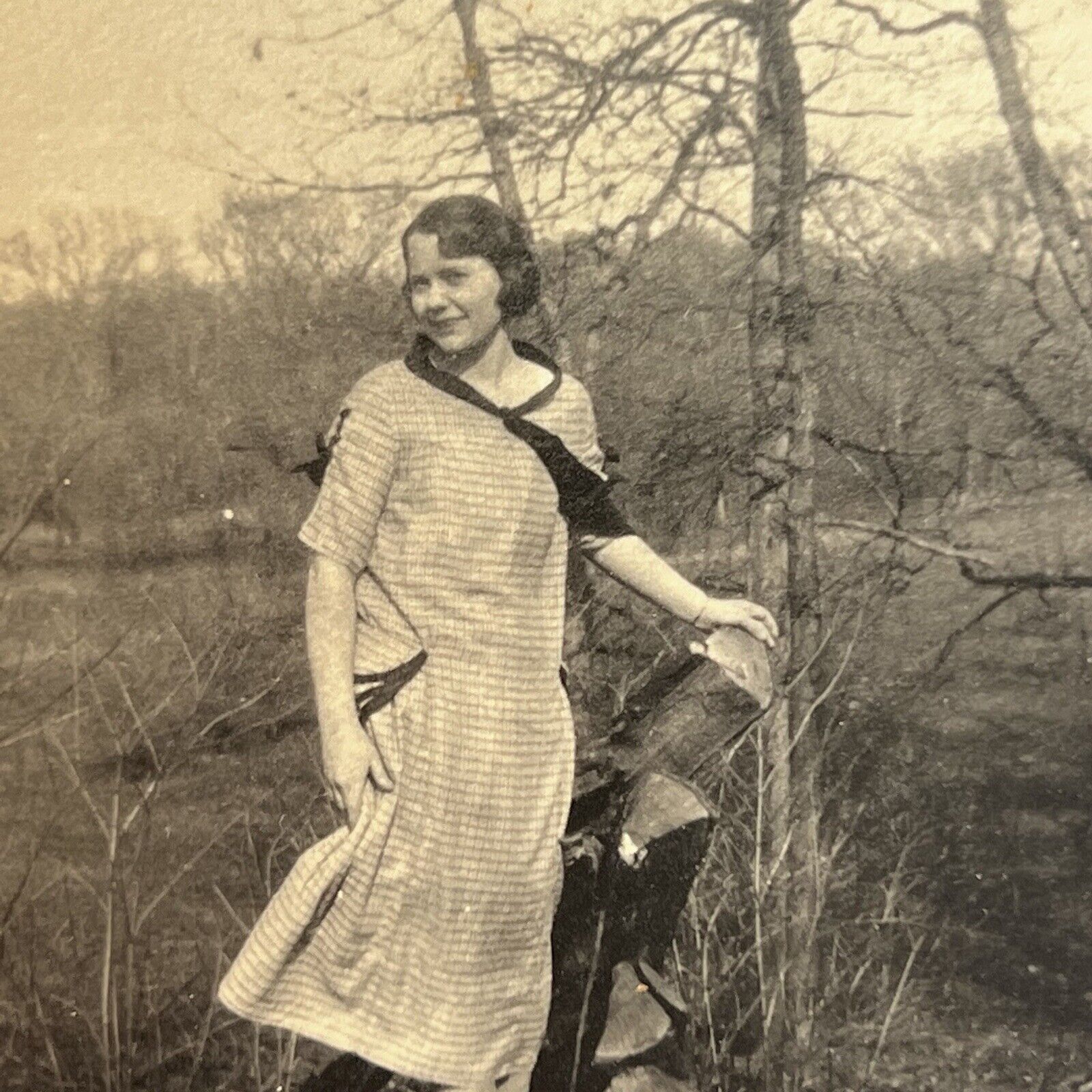 Antique Sepia Snapshot Photograph Beautiful Young Women Standing On Stump