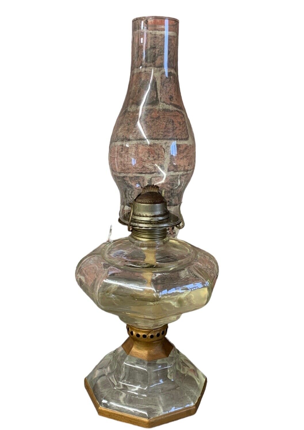 VINTAGE CLEAR GLASS HAND PAINTED OIL LAMP - 45cm High