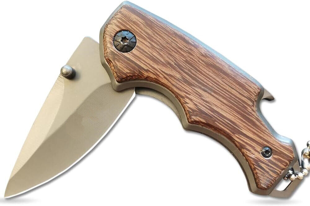 Folding Knife with Wood Handle Survival Knife with Keychain and Bottle Opener