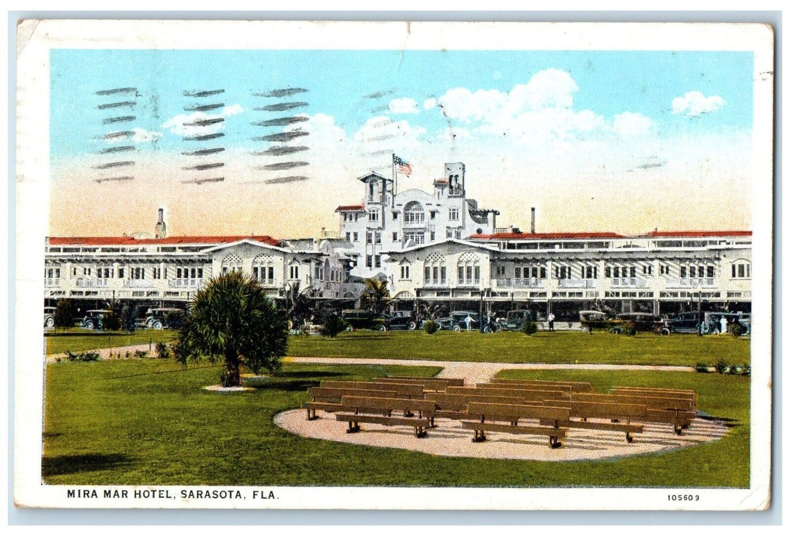 1936 Mira Mar Hotel Building Bench Sarasota Florida FL Antique Vintage Postcard