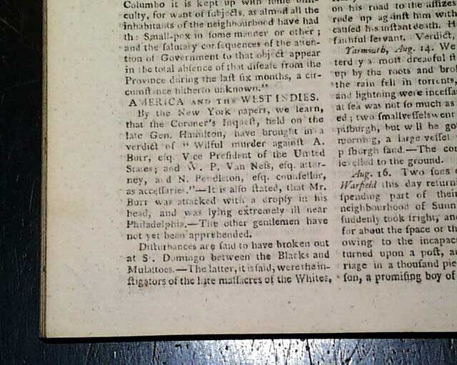 ALEXANDER HAMILTON Death re. Aaron Burr DUEL Conspiracy ? 1804 Old Magazine  