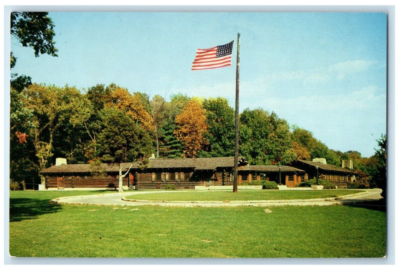 c1960 White Pines Forest Lodge Exterior Building Field Oregon Illinois Postcard