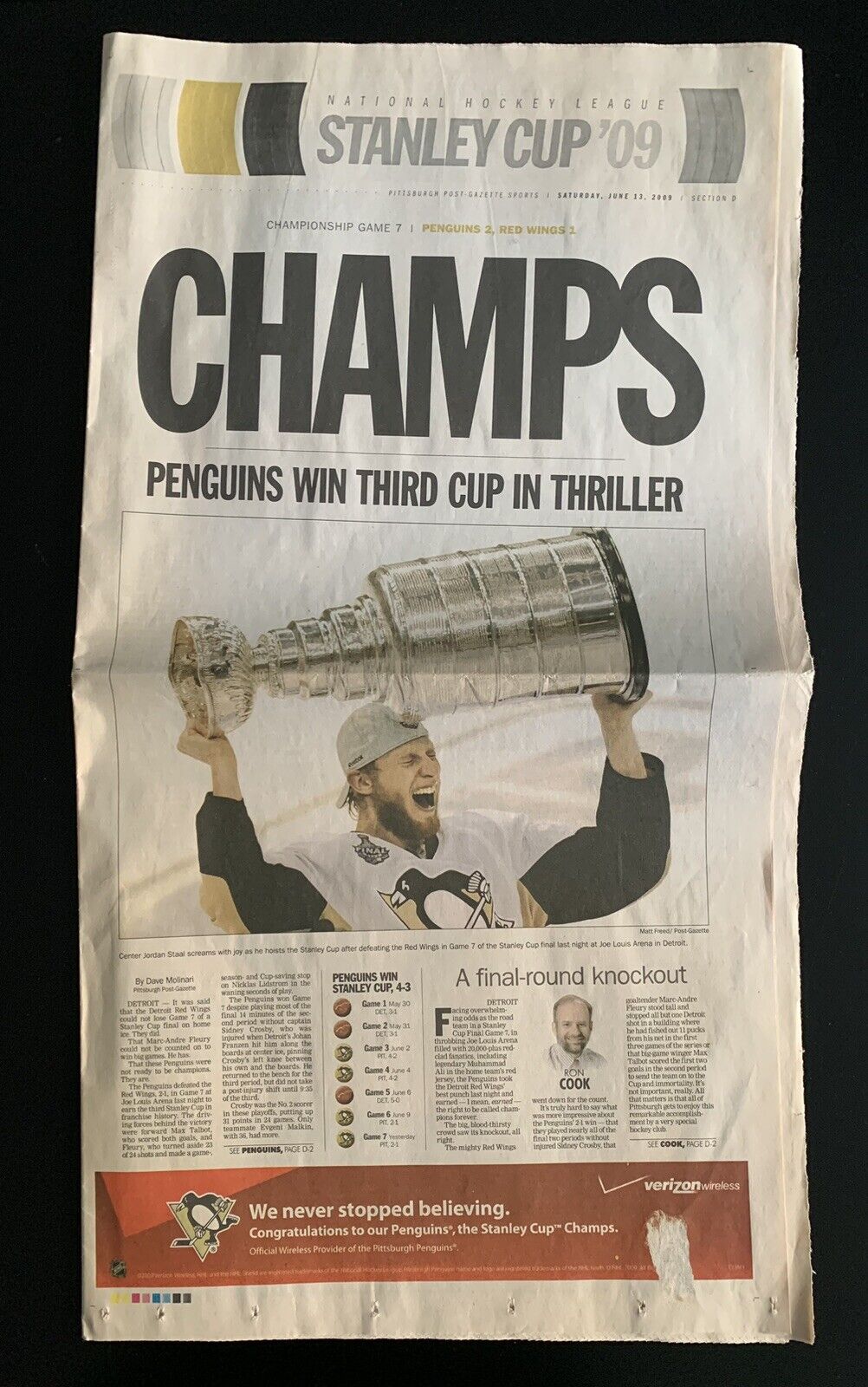 2009 Pittsburgh Post-Gazette Pittsburgh Penguins Stanley Cup Champs Section D