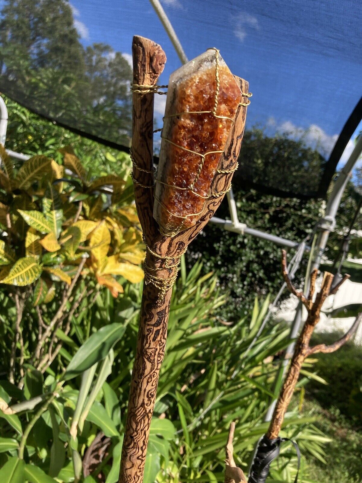 Magic Staff With Crystal Citrine Wrapped With Copper Wire. Hand Burned Homemade