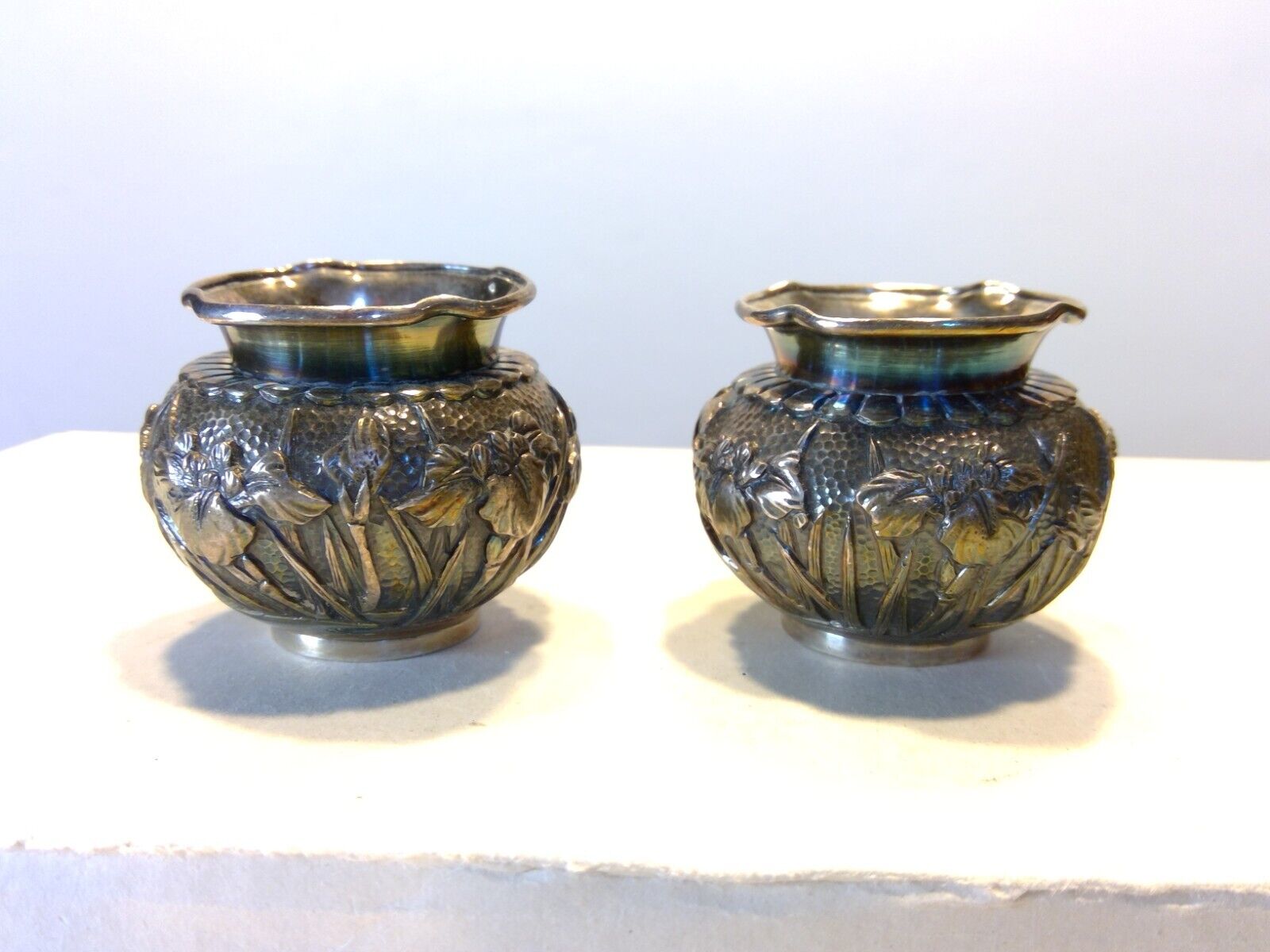 Pair of Antique Chinese Silver Floral Repousse Salt Cellars Dips