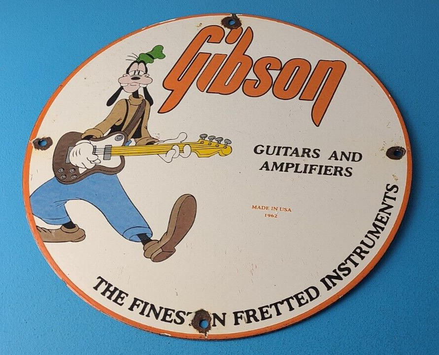 Vintage Gibson Guitars - Acoustic Electric Bass Porcelain Gas Station Goofy Sign