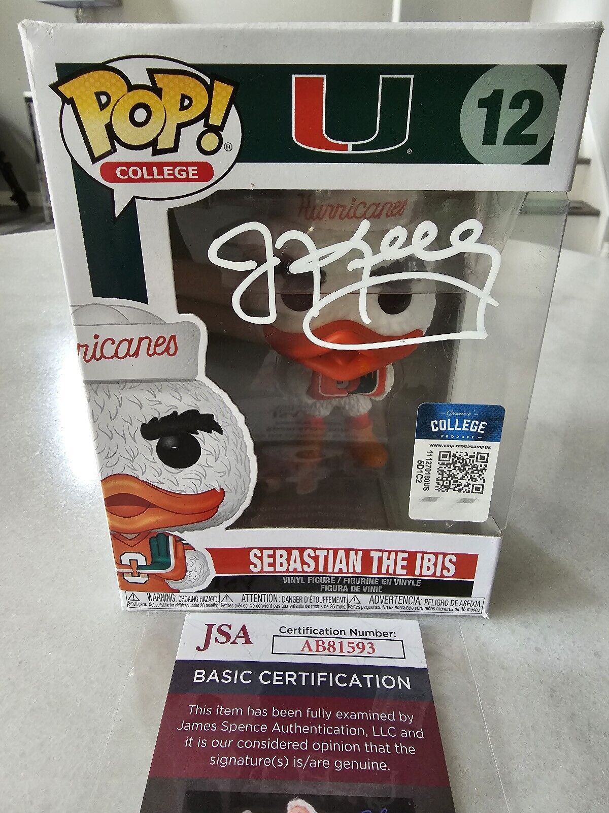 Jim Kelly Autographed/Signed Miami Hurricanes Funko Pop Figurine #12 JSA COA