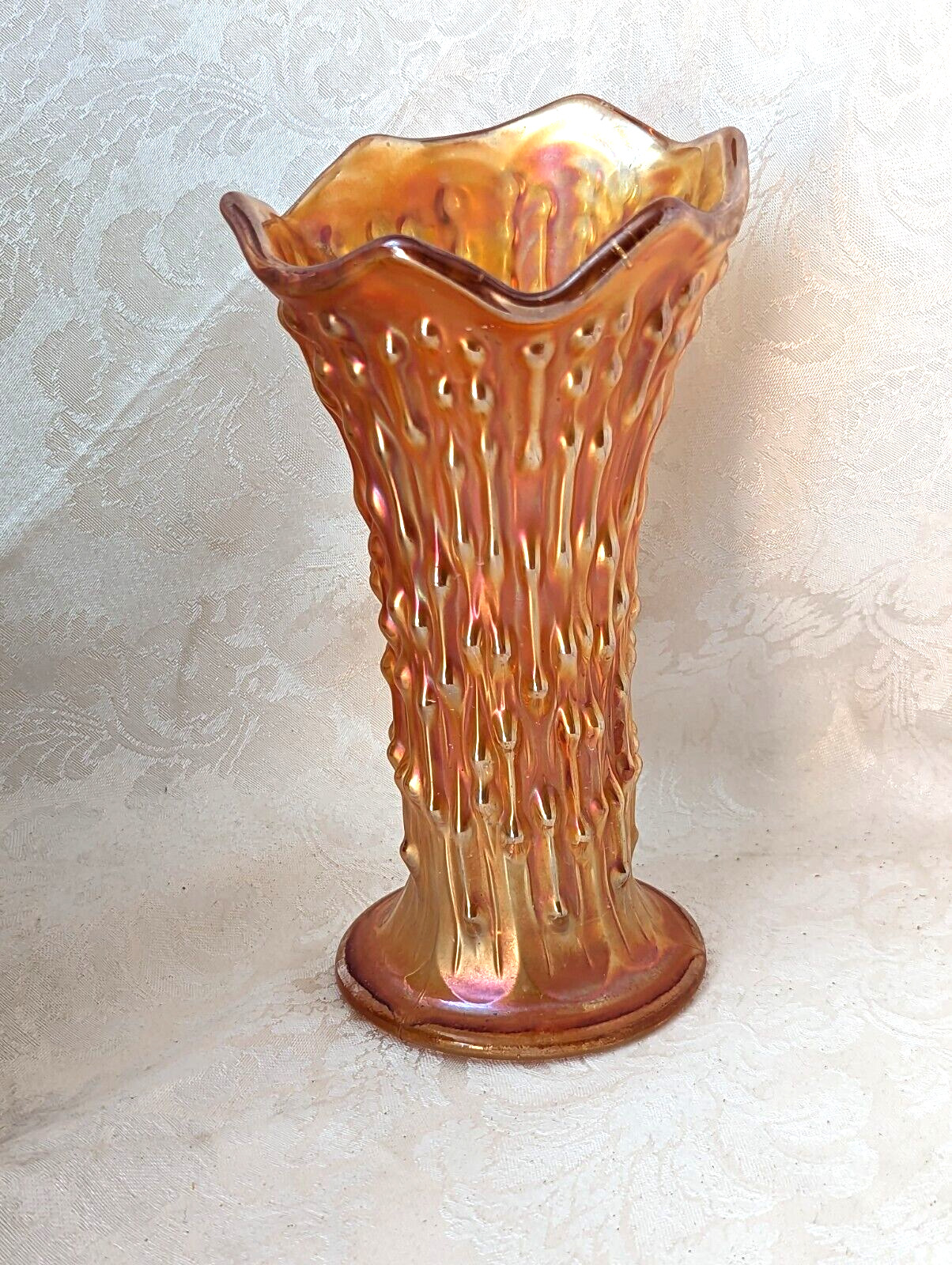 Antique Fenton April Showers Marigold Carnival Iridescent Glass Vase Ruffled Rim