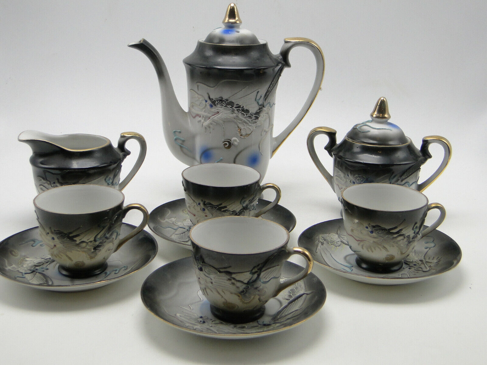 11pc Old Japanese Moriagi Dragonware Tea Set w Lithophane Bottom Cups gold trim