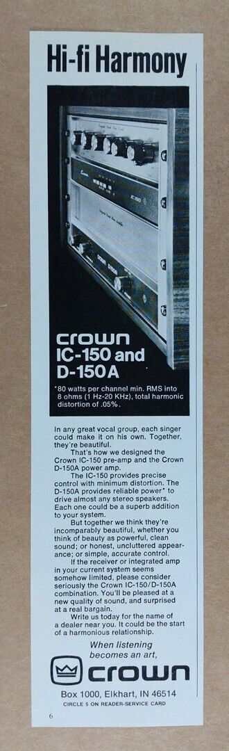 1976 Crown IC-150 Pre-Amp D-150A Power Amplifier vintage print Ad
